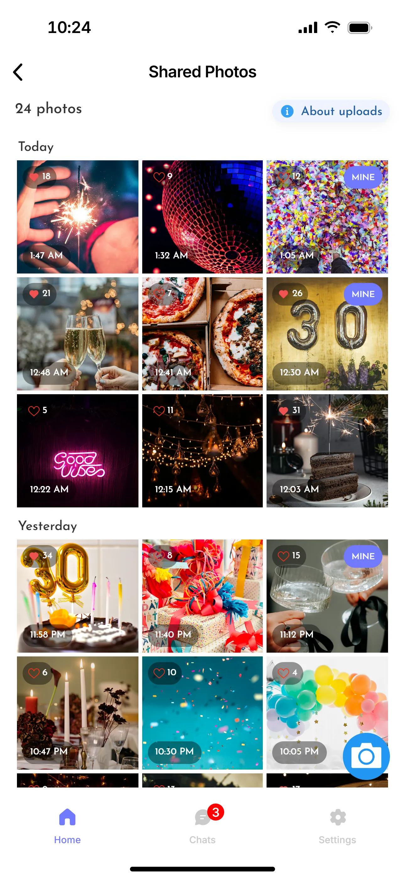 The party’s shared photo album with pictures from the guests