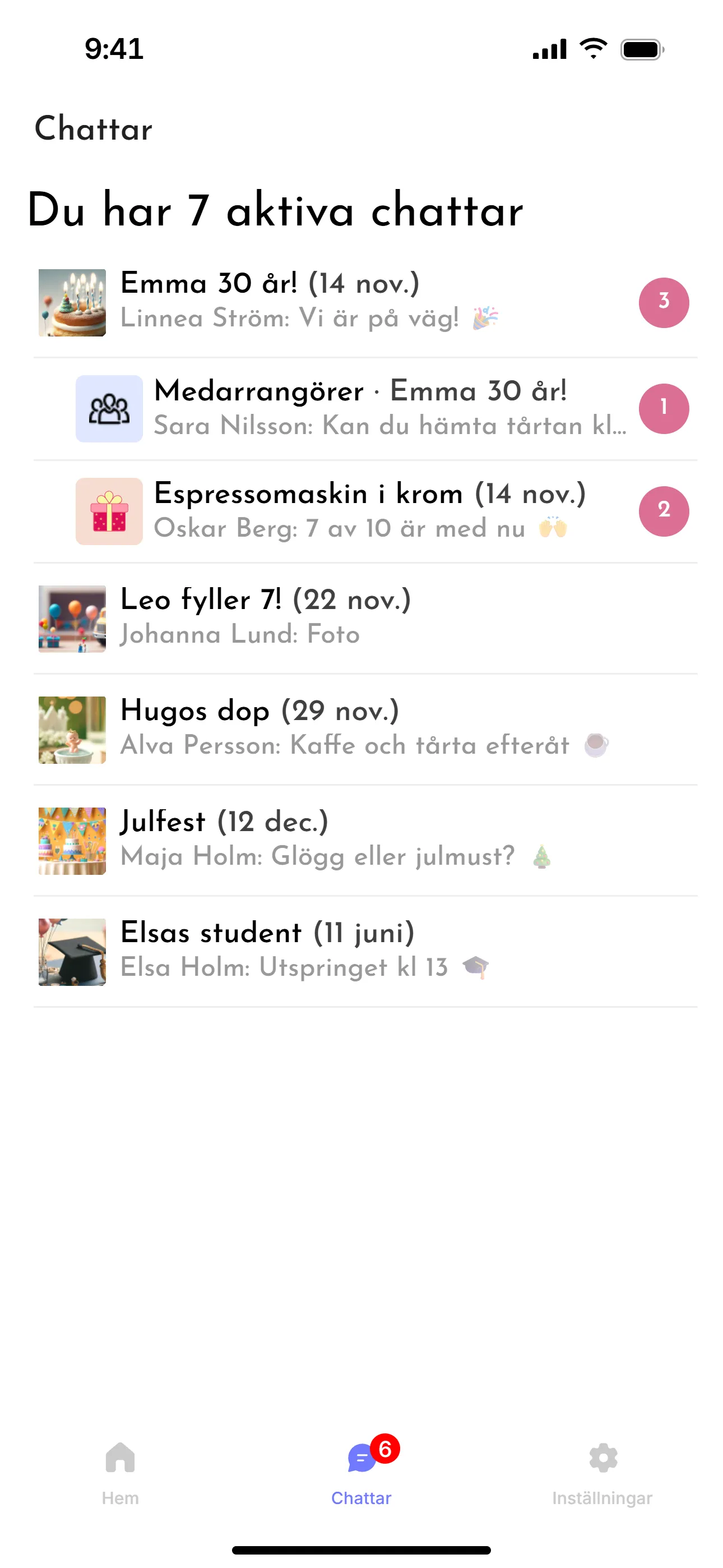 Chattlistan med en separat chatt för presenten