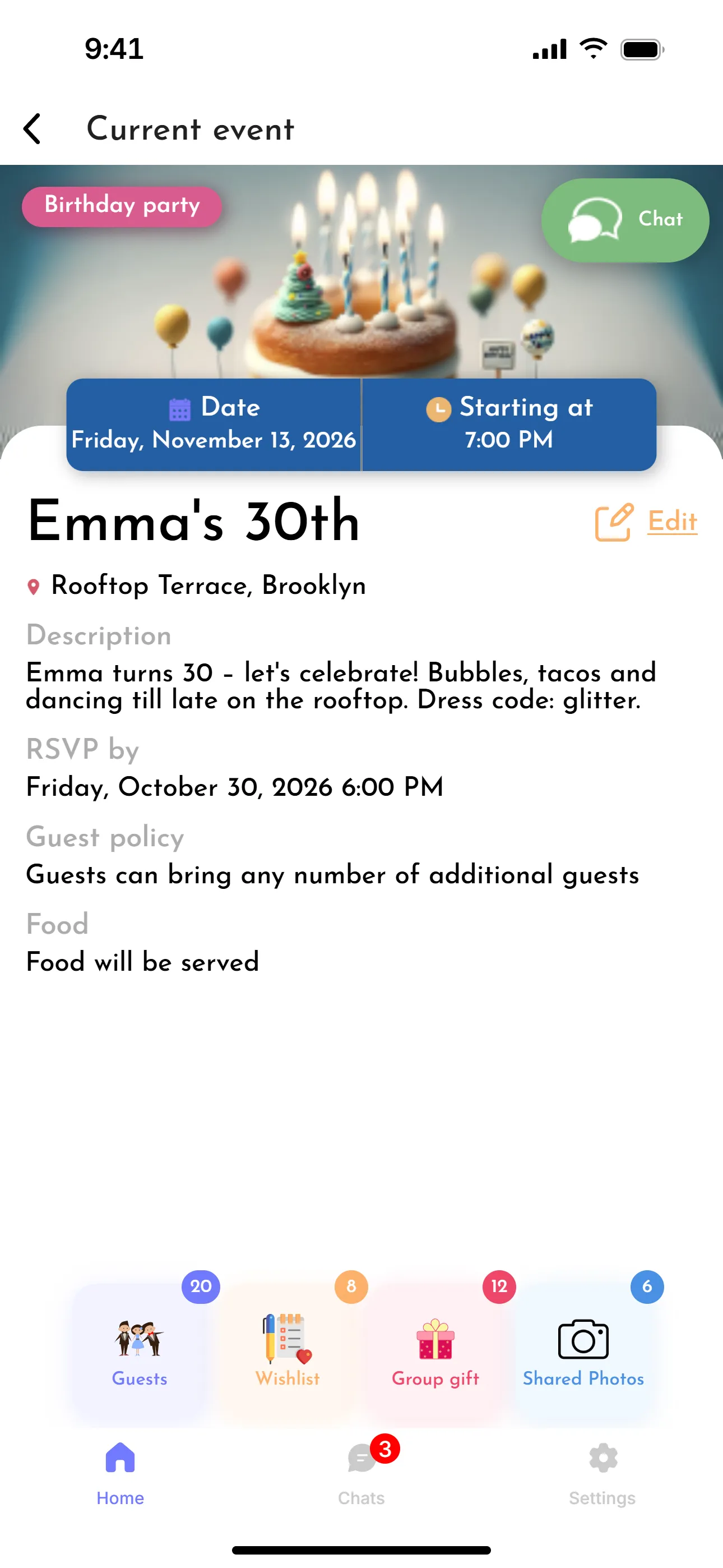 A party in PartyFellow with guests, a wishlist, a group gift and shared photos