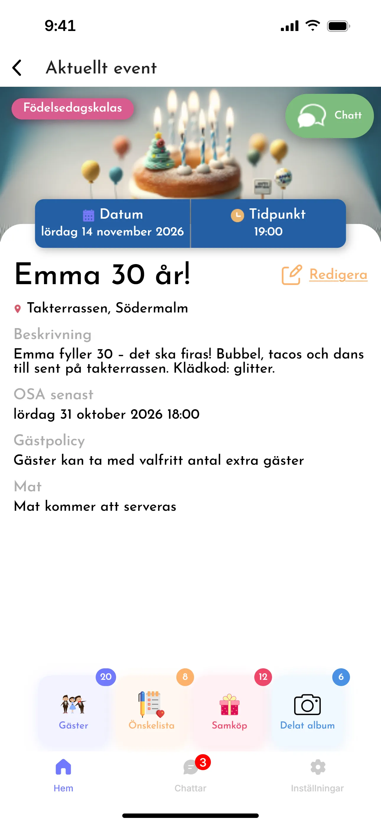 En fest i PartyFellow med gäster, önskelista, samköp och delade bilder