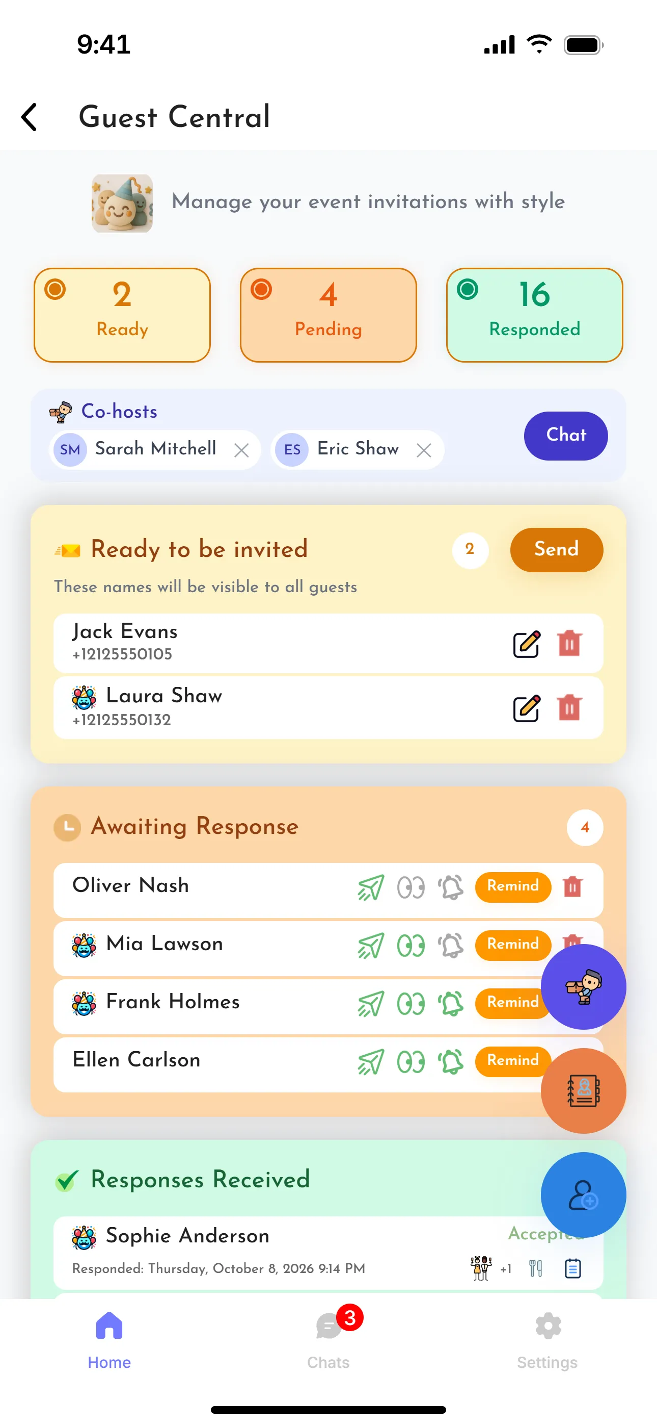 Guest Central in PartyFellow: 16 have replied, 4 are pending and 2 are ready to invite
