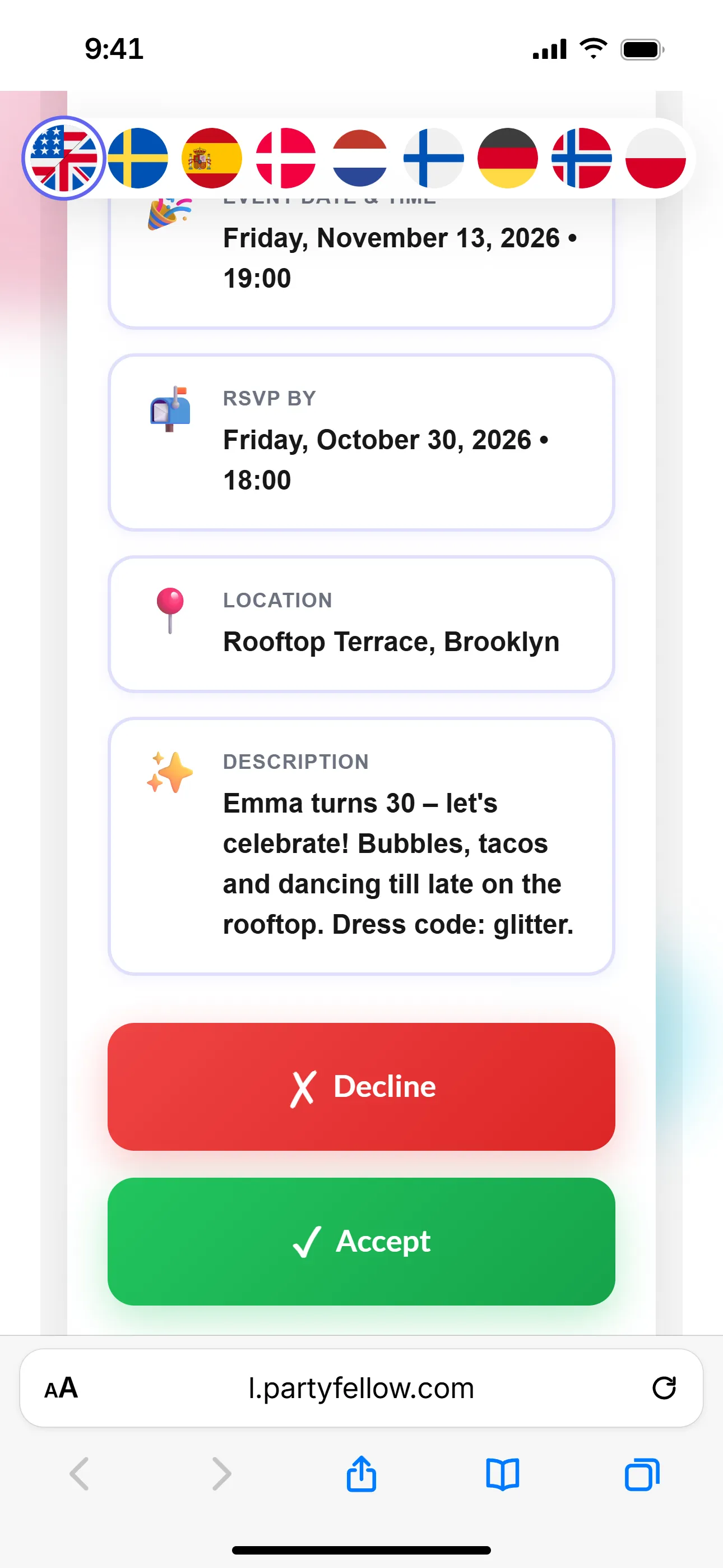 The reply page a guest sees in the browser, without the app