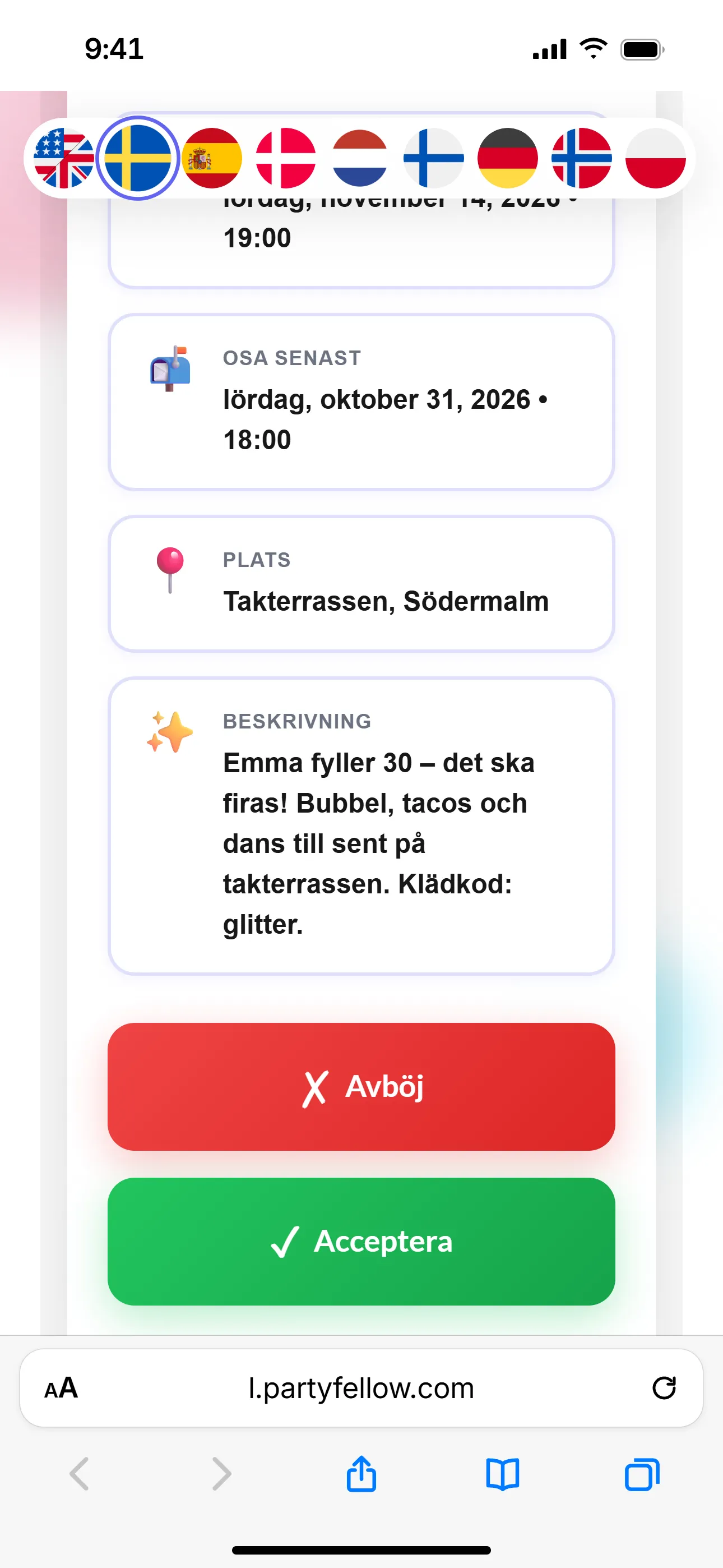 Svarssidan som gästen ser i webbläsaren, utan app