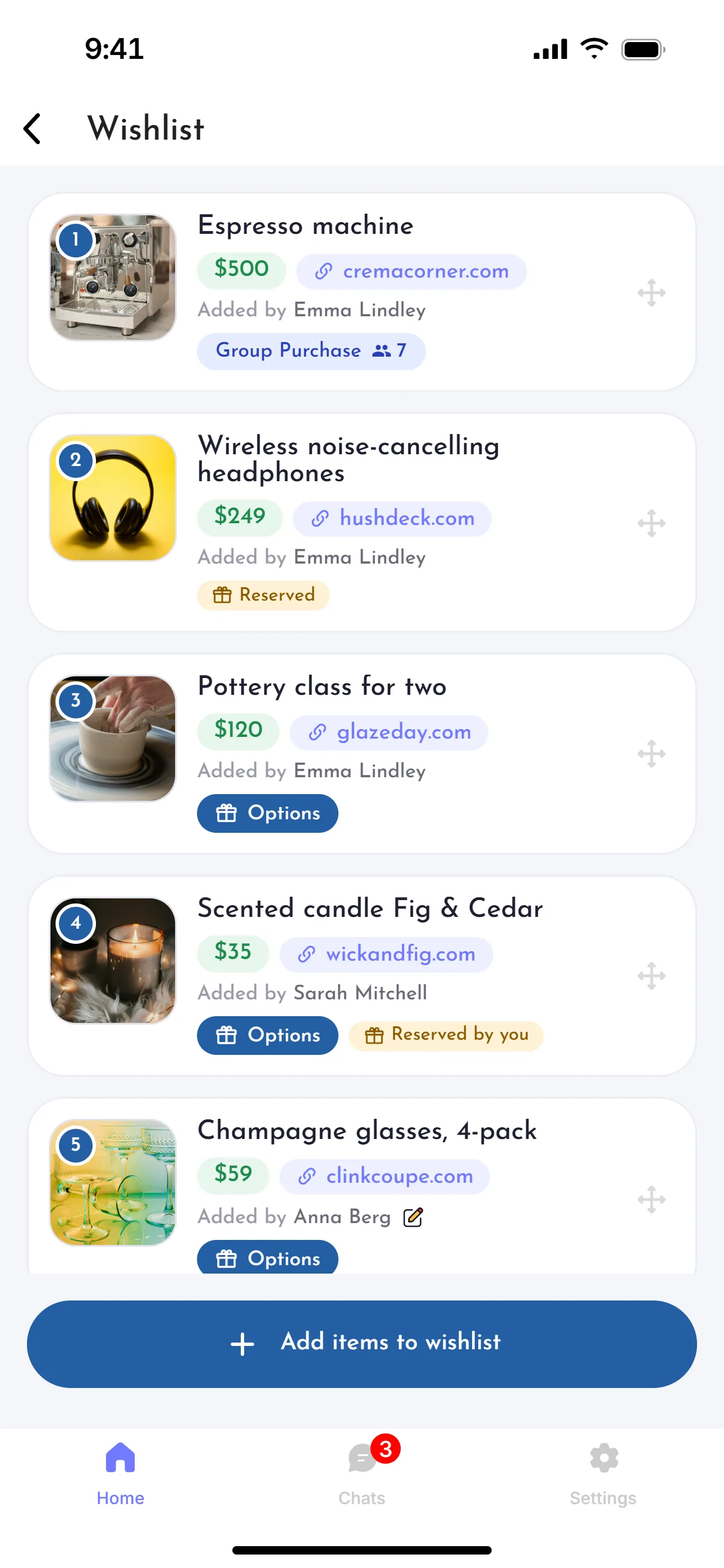 The wishlist with reserved gifts marked